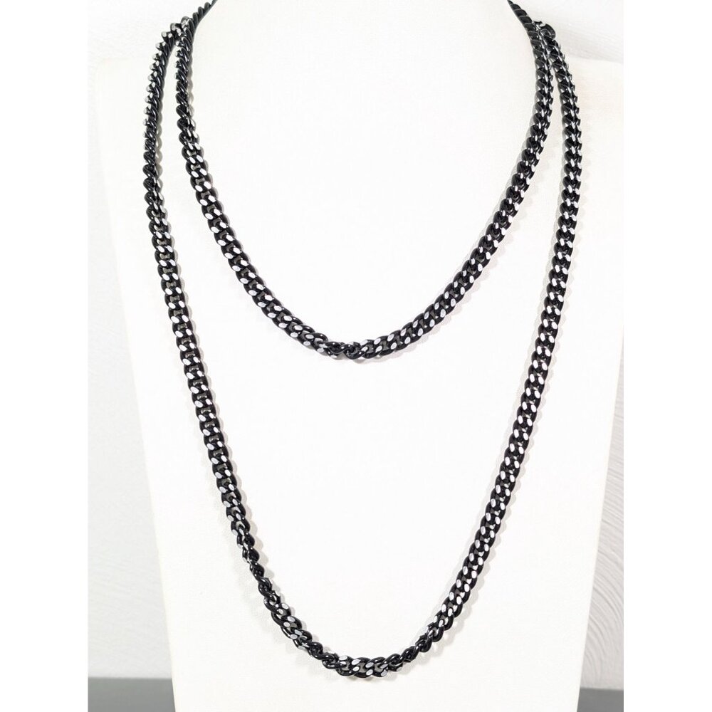 Vintage Black Metallic Silver Tone Curb Cuban Chain Link Necklace‎ Long 38"